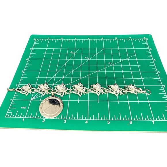 CORO Silver Plated Bracelet with Dangle Engravable Medallion Flower Chain Link - Picture 8 of 8